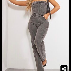 PTL Women's Gray Denim Corset Jumpsuit